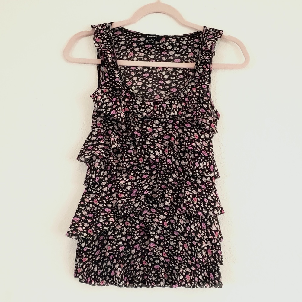 Pretty Express Lightweight Tiered Ruffles Floral Black Tank Top